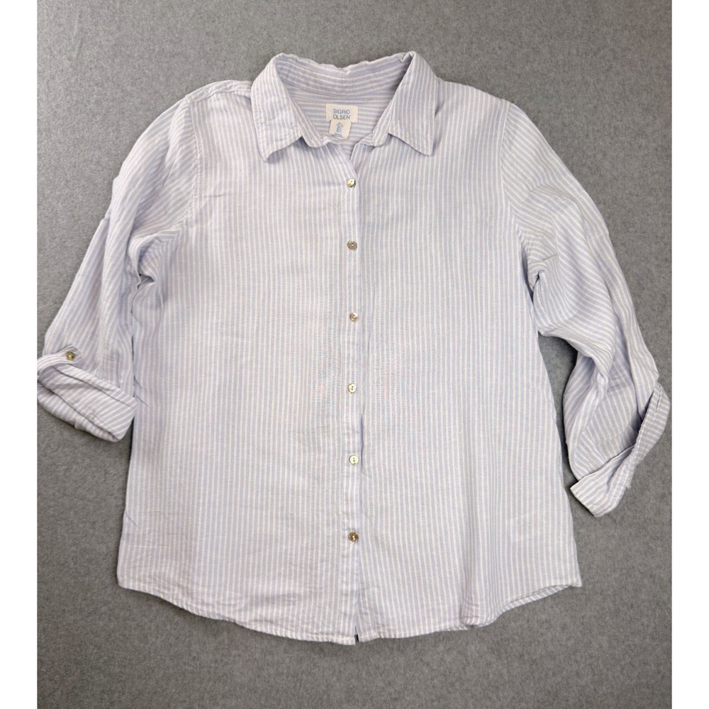 Sigrid Olsen Womens Large Blue White Striped Linen Blend Roll Tab Button Up Top